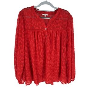 Jodifl Women Red Sheer Flock Textured L Blouse Long Sleeve Lined Boho Tunic Top